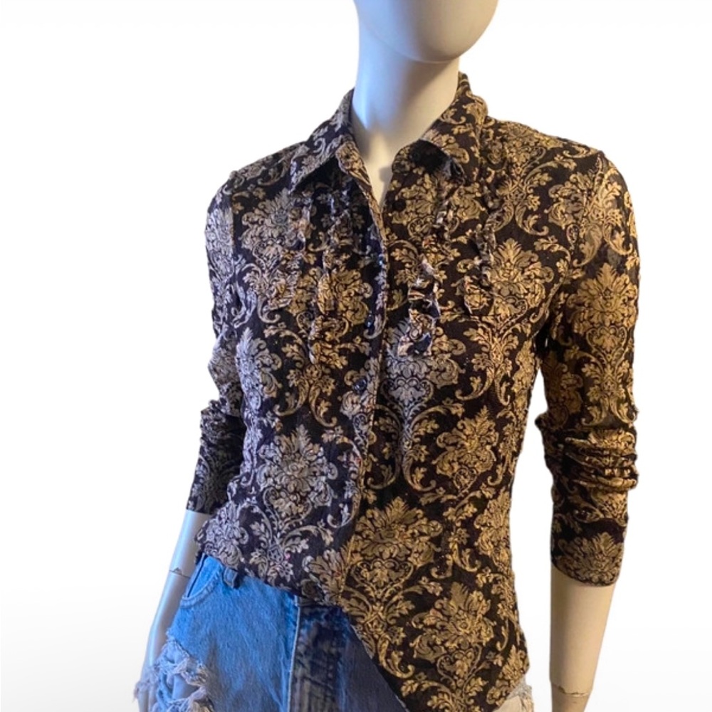 I.N.C Brown Baroque All Over Print Textured Button Down Blouse Sz M